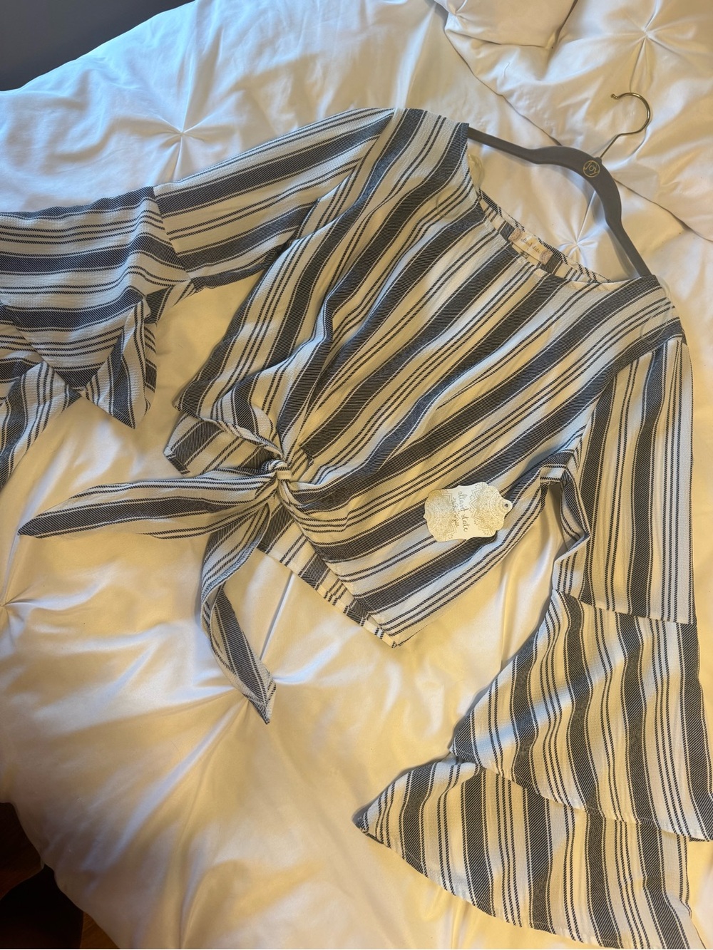 Altar'd State Black & White Striped Tie-Front Bell Sleeve Blouse